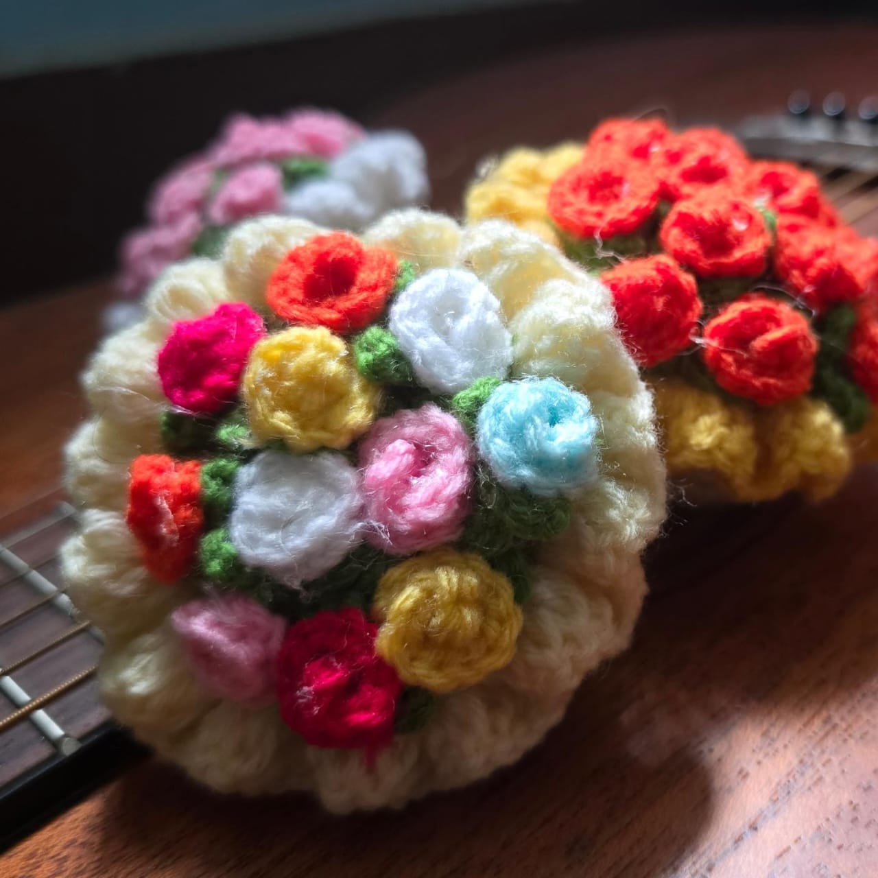 Crochet rose posies in many colours
