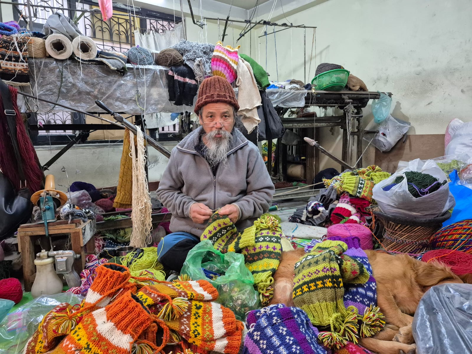Hand-knitted woolen caps piled around an artisan in the family workshop, a dog asleep beside him